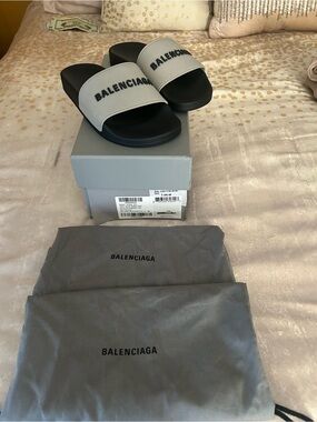 Balenciaga Gray and Black Logo Slide Sandals
